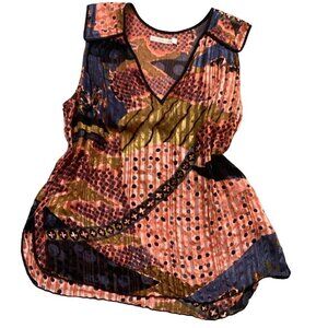 Of Two Minds M 100% Silk Tacy Top Colorful Abstract Sheer Print Quilted 64L
